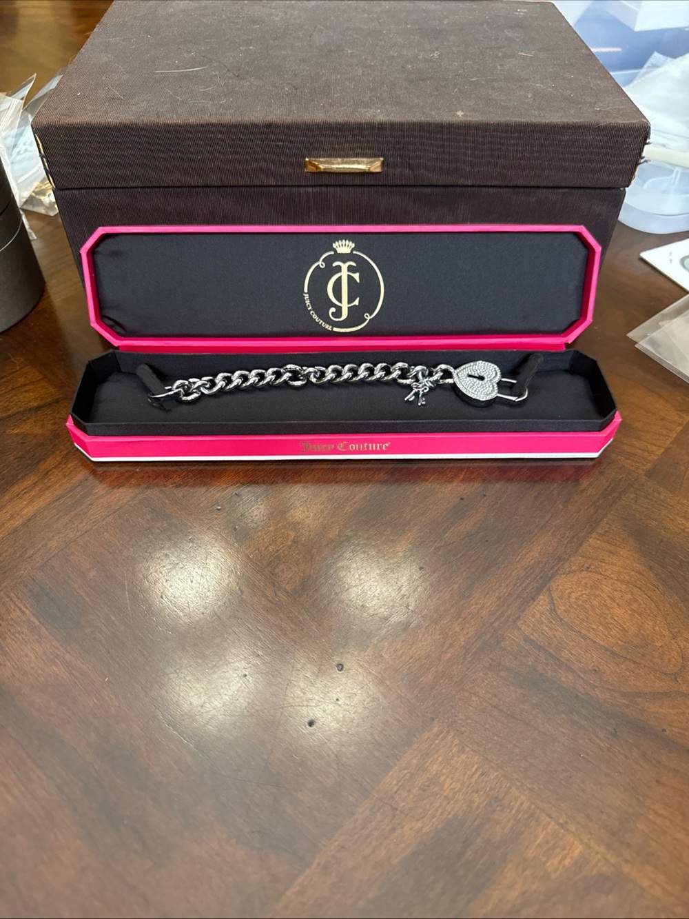 Juicy Couture Silver-Tone Heart Charm Chain Bracelet with Crystal Accent